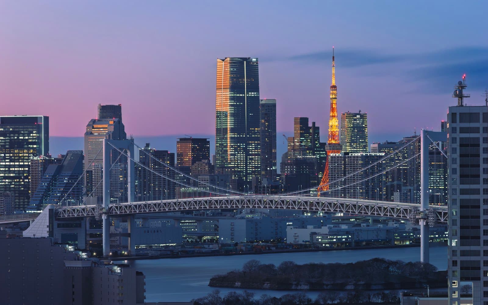 Tokyo Tower and Rainbow Bridge at dusk